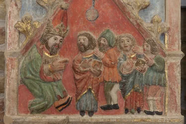 Retable. pierre polychrome. Seconde moitié du XIVe siècle. Origine ancienne église paroissiale de Torre de Rialb. Détail. Registre moyen. Panneau gauche. Partie supérieure : les Saints Iscle et Victoria avec les officiels.