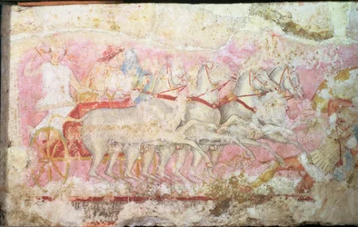 Amazones conduisant un char, détail du côté du sarcophage des Amazones, Tarquinia, 4e siècle av. J.-C. (détail)