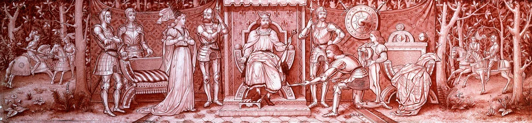 Un triptyque en verre Arts & Crafts, peint avec des chevaliers médiévaux à la cour de Charlemagne, c.1860-1910