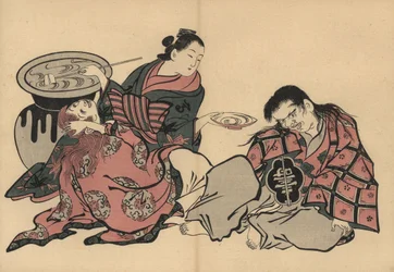 Une courtisane oiran jouant avec deux shojo et du saké d