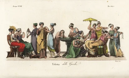 Femmes grecques antiques à leur toilette : se lavant les cheveux dans une fontaine, essayant des vêtements, arrangeant leurs cheveux, admirant un collier, etc. Gravure au cuivre colorée à la main par Sasso d