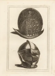 Ancien casque morion vénitien orné de trophées militaires, et un casque bourguignon avec visière et mentonnière unifiées de la Tour de Londres
