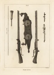 Ancienne carabine avec deux charges dans le même canon tirées par deux silex, silex, baguette et clés