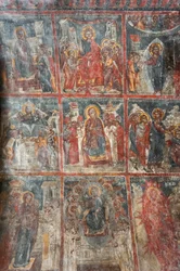 Fresques anciennes; peintures murales représentant la vie de Jésus; Église Panagia et Sotiras; Église orthodoxe grecque; Roustika; Crète; Grèce; Europe
