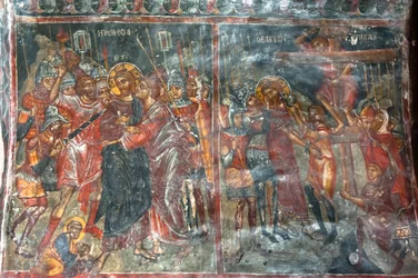 Fresques anciennes ; peintures murales ; baiser de Judas ; crucifixion de Jésus ; église Panagia et Sotiras ; église grecque orthodoxe ; Roustika ; Crète ; Grèce ; Europe