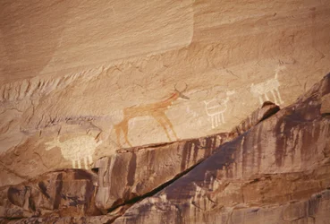 Figures animales, peintures rupestres par des artistes Navajo, Canyon de Chelly National Monument, Réserve indienne Navajo, Arizona, USA