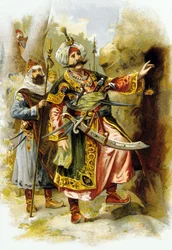 Les Mille et Une Nuits: Ali Baba et les Quarante Voleurs: le chef des voleurs disant «Sésame, ouvre-toi», publicité pour «Le Bon Marché», vers 1900