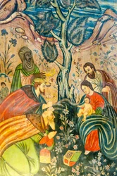 Église apostolique arménienne; fresque; Adoration des Mages; Jésus-Christ; Marie et Joseph; les trois rois mages offrent des cadeaux; Église de Bethléem ou Église de Bedkhem; district de Julfa ou Jolfa; Ispahan; Iran; Asie