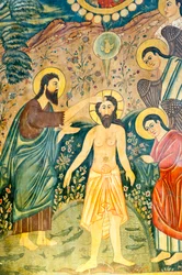 Église apostolique arménienne; fresque; Baptême de Jésus-Christ par Jean-Baptiste dans le Jourdain; Église de Bethléem ou Église de Bedkhem; district de Julfa ou Jolfa; Ispahan; Iran; Asie