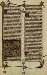 Légende arthurienne (quête du Saint Graal) : Benoic chasse les Saxons et la bataille de Danablaise sont deux enluminures extraites du manuscrit Histoire de Merlin, datant du XIIIe siècle entre 1280-1290