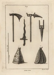 Armes asiatiques : hache de combat 1, poignard 2, hache de combat Rohilla 3, cresse ou kris indien 3, et flasque à poudre orientale 5,6