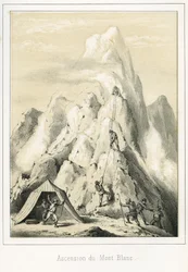 Avalanche sur le Mont Blanc ayant entraîné la mort de trois guides. Gravure « Ciel Terre et Mer » par R. Delasalle, vers 1860