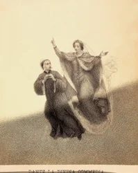 Béatrice, pointant vers le haut avec son index, conduit Dante à travers le firmament du Paradis. Leurs corps sont illuminés par un rayon de lumière. Illustration du Chant I du Paradis de La Divine Comédie de Dante Alighieri. Œuvre de Francesco Scaramuzza d