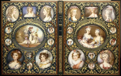 Reliure avec vingt-quatre miniatures de portraits, du livre "Costumes caractéristiques français" de Richard Brinsley Peake, 1816