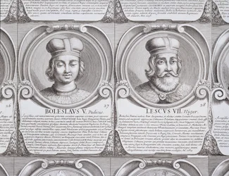 Boleslas V le Chaste et Lech II le Noir, nos 27 et 28 de « Series Chronologica Ducum et Regum Polonorum », gravure