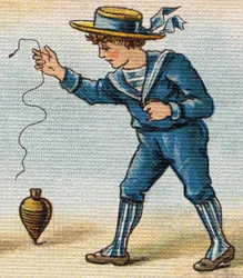 Garçon jouant à la toupie. Gravure dans "Alphabet de ma petite fille". Bernardin-Bechet et Fils, libraires-éditeurs, Paris, vers 1895. Album inaltérable sur toile. Bibliothèque des Bébés.