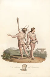Antiquité britannique (période pré-romaine, avant le 1er siècle) : Catini et habitants calédoniens (Écosse) des plaines et forêts du nord de la Grande-Bretagne, avec tatouages - Eau-forte par Robert Havell (1793-1878) d