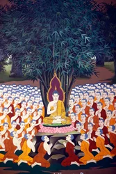Bouddha enseignant aux disciples, fresque murale, temple Wat Botum, Phnom Penh, 2022