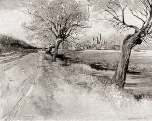Cathédrale de Canterbury, vue du sud-ouest, au coucher du soleil, de The Century Magazine, publié en 1887