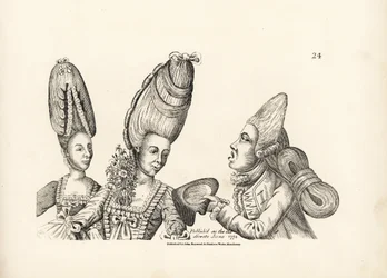 Caricature des modes de la fin du 18e siècle : femmes avec de hautes perruques et un jardin de fleurs dans le décolleté, et macaroni avec une haute perruque et une masse extravagante de cheveux attachés à l