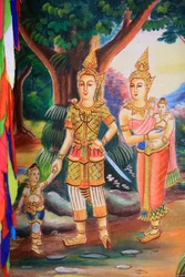Œuvre au plafond représentant la vie de Bouddha. Temple Wat Si Sou Mang Karam. Vieng Vang, Laos