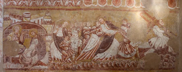 Église Saint-Martin. Intérieur. Peintures murales (fresque). Mur nord du chœur. (détail) Arrestation du Christ, lavement des pieds. XIIe siècle.