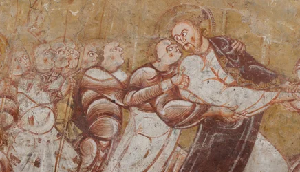Église Saint-Martin. Intérieur. Peintures murales (fresque). Mur nord du chœur. Détail. Arrestation du Christ. XIIe siècle.