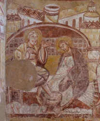 Église Saint-Martin. Intérieur. Peintures murales (fresque). Mur nord du chœur. (détail). Lavement des pieds. XIIe siècle.