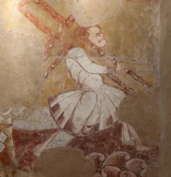 Église Saint-Martin. Intérieur. Peintures murales (fresque). Mur nord du chœur. (détail). Simon de Cyrène portant la croix. XIIe siècle.