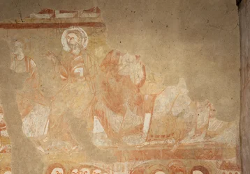 Église Saint-Martin. Intérieur. Peintures murales (fresque). Mur ouest de la nef. (détail). Apôtres. 12ème siècle.