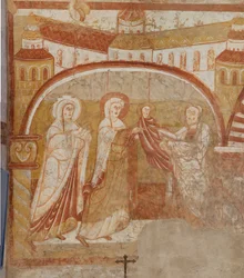 Église Saint-Martin. Intérieur. Peintures murales (fresque). Mur ouest de la nef. (détail). Présentation au temple. XIIe siècle.