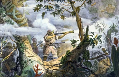 Indiens "civilisés" combattant les Indiens Botocudos, Brésil