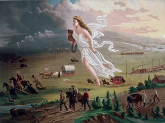 Concept de la Destinée Manifeste : Figure allégorique féminine portant un fil télégraphique électrique, menant des pionniers américains et des chemins de fer vers l