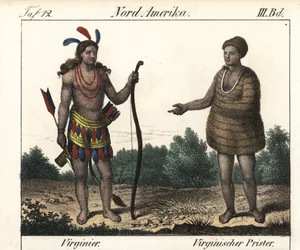 Costume des Indiens Powhatan de Virginie (USA) : un guerrier et un prêtre de Secota. Lithographie pour le livre : "Galerie complète en tableaux fidèles des peuples d