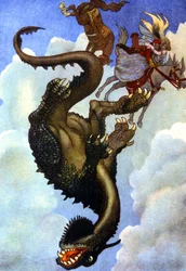 Couple combattant un dragon, vers 1910 (illustration)
