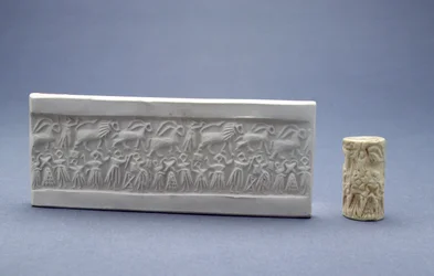 Sceau cylindrique, montré avec impression en plâtre, Mésopotamien, Sumérien (Dynastie archaïque III), c.2500 av. J.-C. (pierre)