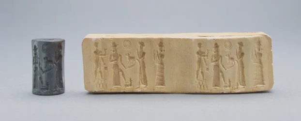 Sceau cylindrique, montré avec impression en plâtre, vieux babylonien, c.19e-18e av. J.-C.