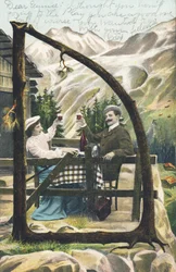 D : Un homme et une femme assis à une table devant un chalet montagnard trinquent, un verre de vin à la main - Alphabet personnages Ref Th. E., L. Theochrom - Série 994. Theodor Eisman, éditeur, Leipzig