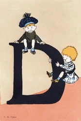D comme deux, descendre - Alphabet enfants. C. M. éditeur, Paris. Cartes postales peintes à la main, affranchies en 1904. Dimensions : 14 x 9 cm