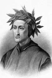 Dante Alighieri (1265-1321) écrivain italien (Divine Comédie), ici couronné de lauriers, gravure