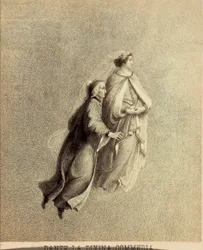 Dante et Béatrice volant à travers le firmament du Paradis. Illustration du Chant I du Paradiso de La Divine Comédie de Dante Alighieri. Œuvre de Francesco Scaramuzza dédiée à la Municipalité de Florence