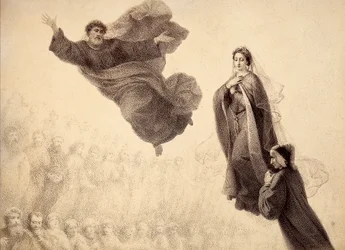 Dante et Béatrice rencontrent Saint Pierre. Illustration du Chant XXIV du Paradis de La Divine Comédie de Dante Alighieri. Œuvre de Francesco Scaramuzza dédiée à la Municipalité de Florence.