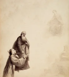Dante, assisté par Saint Bernard, voit Béatrice assise sur un trône parmi les bienheureux, dans un halo de lumière. Illustration du Chant XXXI du Paradis de La Divine Comédie de Dante Alighieri. Œuvre de Francesco Scaramuzza dédiée à la Municipalité de Flo