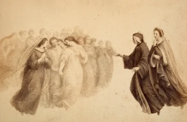 Dante avec Béatrice et les esprits bienheureux. Illustration du Chant XXXIII du Paradis de La Divine Comédie de Dante Alighieri. Œuvre de Francesco Scaramuzza dédiée à la Municipalité de Florence