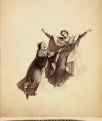 Dante, les bras ouverts, conduit en vol par Béatrice à travers le firmament du Paradis. Illustration du Chant I du Paradis de La Divine Comédie de Dante Alighieri. Œuvre de Francesco Scaramuzza dédiée à la Municipalité de Florence.