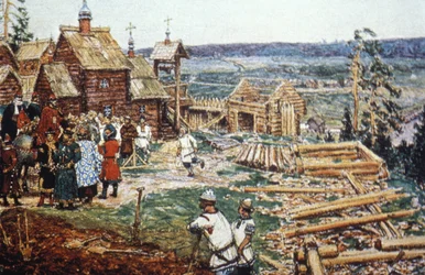 Représentation de la construction du Kremlin de Moscou en rondins sous le règne de Yuri Dolgoruky au XIIe siècle.