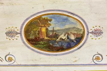 Détail de la décoration représentant des cygnes, La Salle Rouge, Appartement Royal, Palais des Normands, Palerme, Sicile, Italie