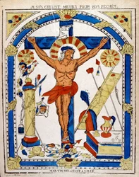 Illustration néerlandaise du 19ème siècle montrant le Christ crucifié