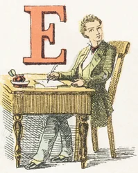 E - Écrivain - Alphabet Enfantin, Éditions Gordinne 1920 (gravure)