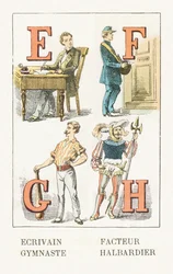 E - Écrivain; F - Facteur; G - Gymnaste; H - Hallebardier - Alphabet Enfantin, Éditions Gordinne 1920 (gravure)